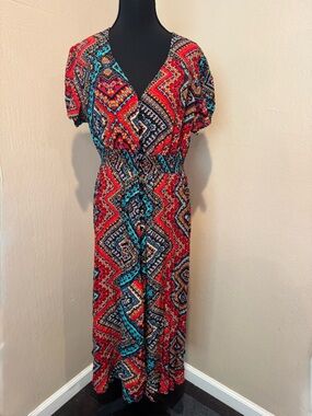 Vibrant Multi Colored V-Neck Maxi Dress with Smock-Like Elastic Waist